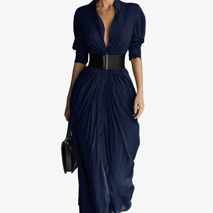 Chic women's V-neck long sleeve midi dress with elegant draping and functional button front detail. A versatile workwear piece.