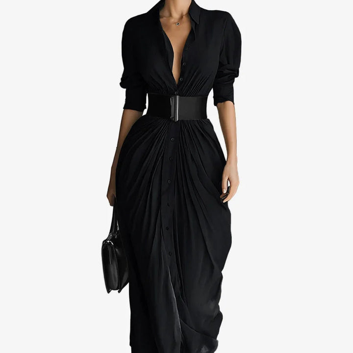 Flowy women's draped midi dress featuring a V-neck and long sleeves, ideal for comfortable and chic day to night styling.