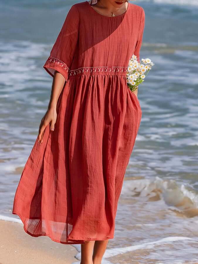 Women's casual embroidered day dress, loose fit design offers comfort & versatile summer fashion.