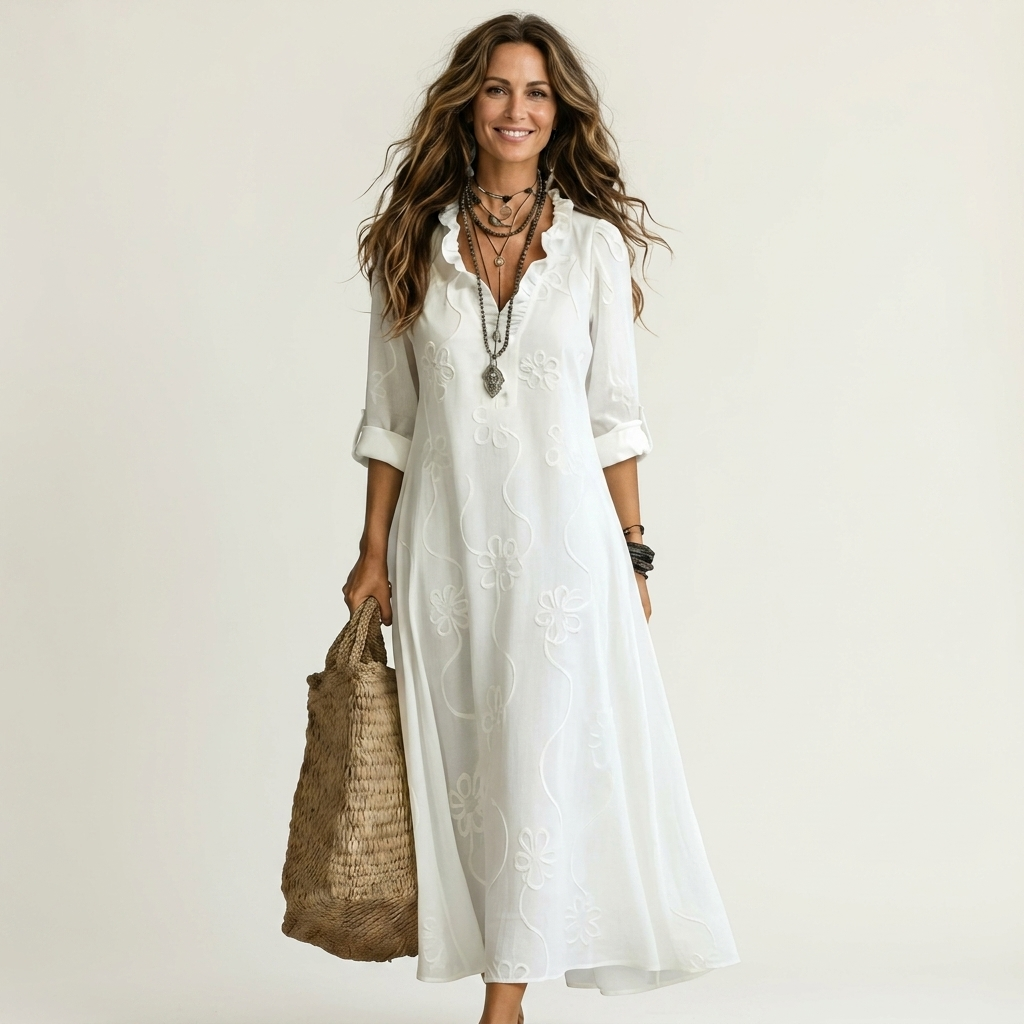 Women's elegant embroidered maxi dress for summer. Floral design, relaxed fit, perfect for resort wear.