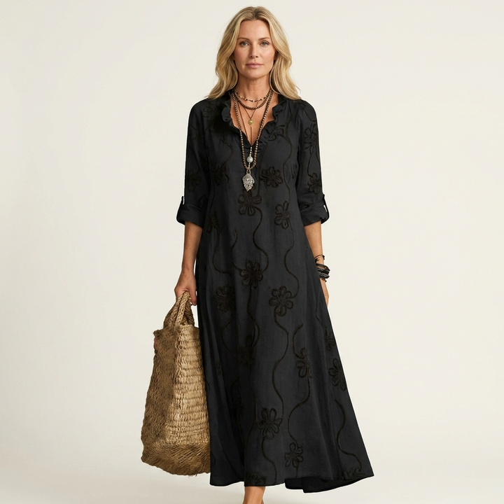 Long elegant women's maxi dress with intricate embroidery. Perfect casual summer style and comfort.