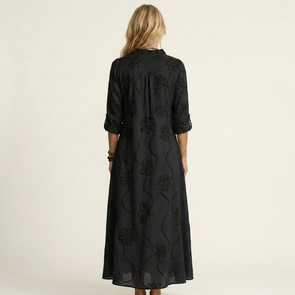 Relaxed fit embroidered floral maxi dress. Women's comfortable summer style, great for resort vacations.