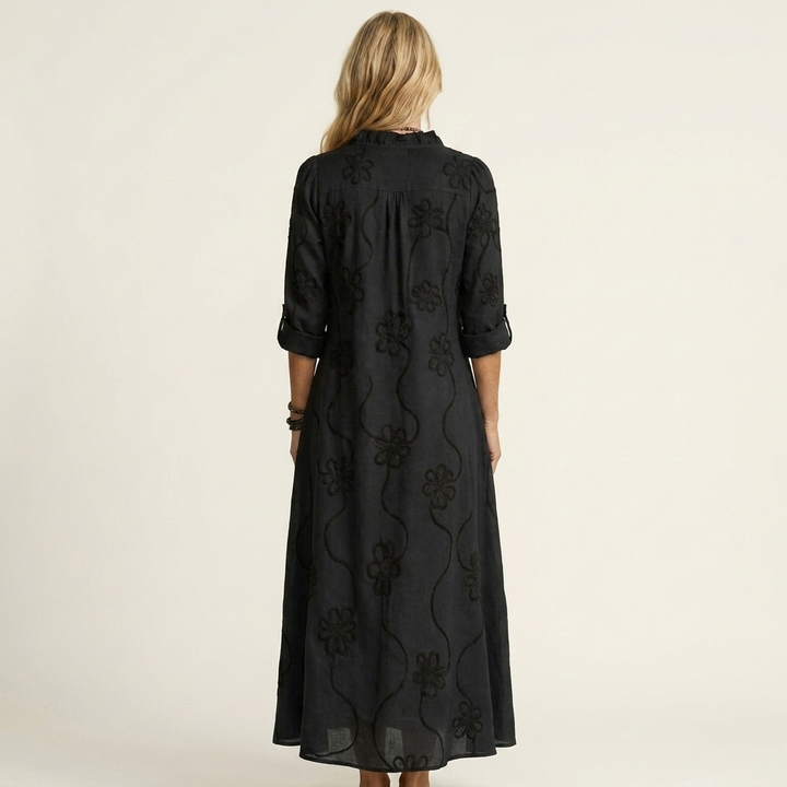 Relaxed fit embroidered floral maxi dress. Women's comfortable summer style, great for resort vacations.