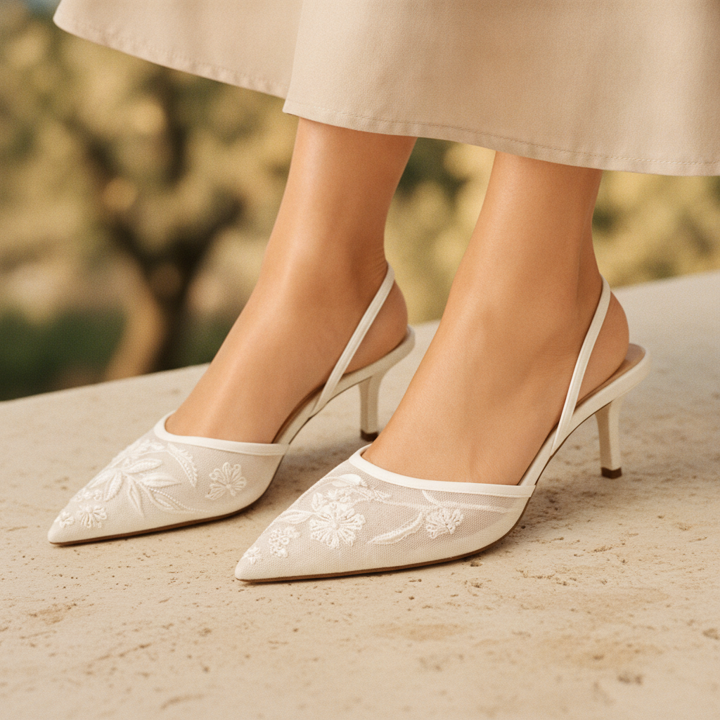 Women's elegant embroidered mesh mule heels with pointed toe, perfect for wedding guests & formal events.