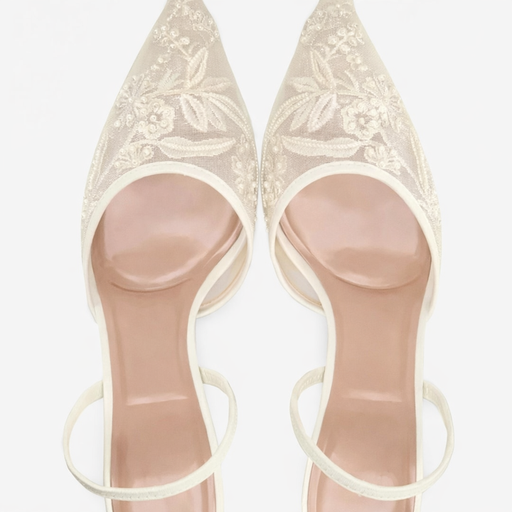 Wedding guest women's dress heels: embroidered mesh pointed toe mules, slip-on style for comfort & sophistication.