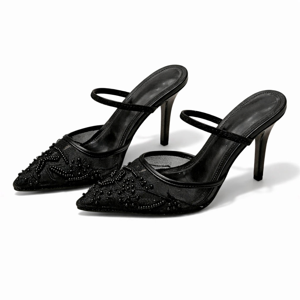 Elegant women's slip-on mule heels with delicate floral embroidery, mesh upper, and stylish pointed toe for special events.