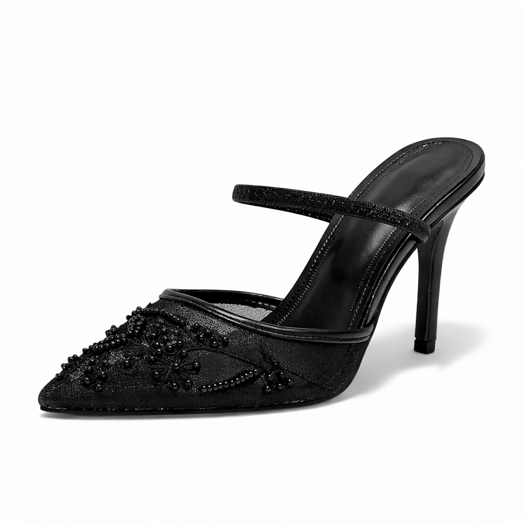 White embroidered mesh mule heels, women's pointed toe formal shoes, perfect for bridal or wedding guest attire.