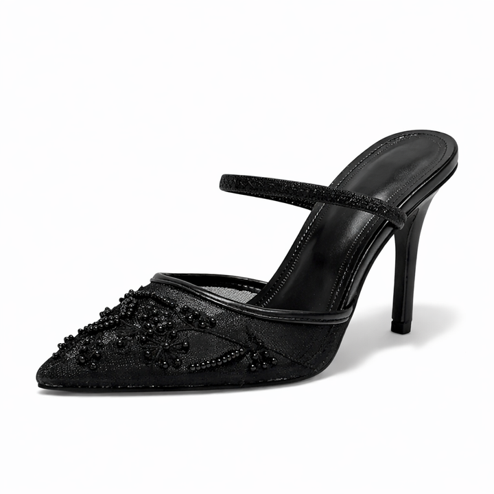 White embroidered mesh mule heels, women's pointed toe formal shoes, perfect for bridal or wedding guest attire.