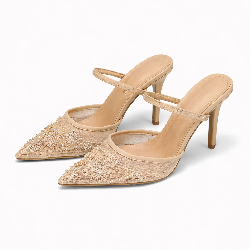 Fashionable women's embroidered mesh pointed toe mules, versatile dress heels for parties, formal gatherings & evening.