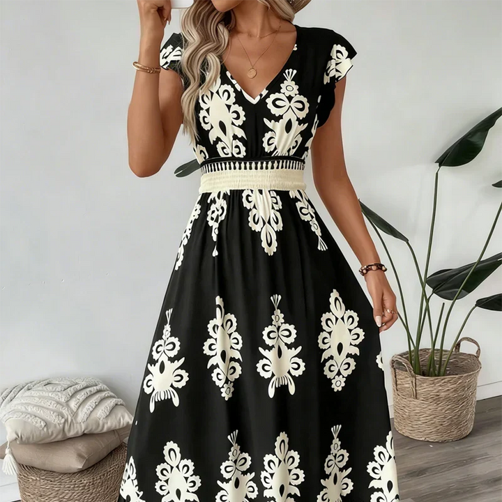 Versatile women's elegant embroidered V-neck summer midi dress, suitable for many events.
