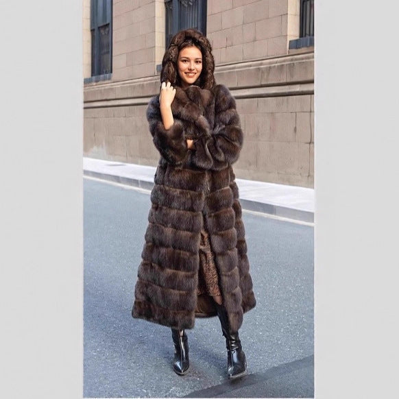 Women's elegant faux fur coat with hood, cozy winter outerwear