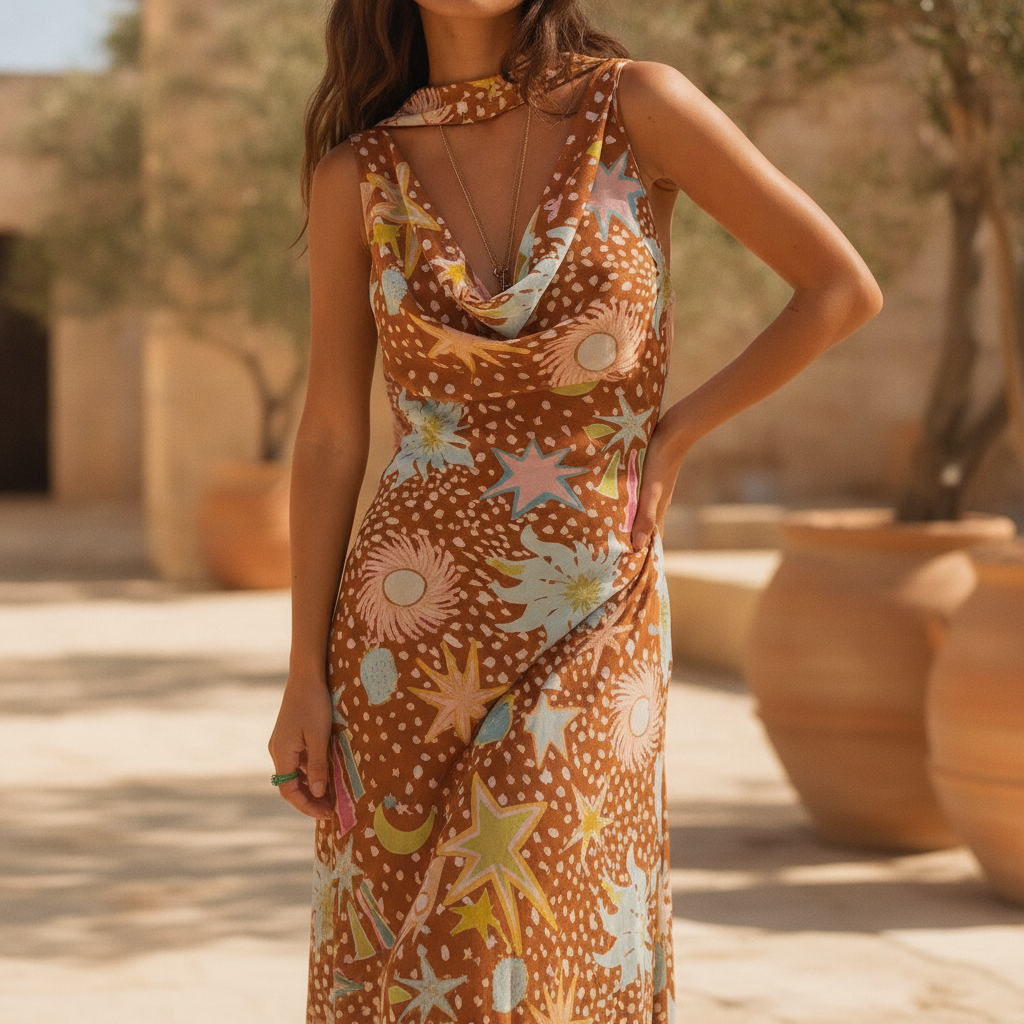 Women's elegant fawn print cowl neck halter maxi dress. Perfect for summer resort wear or house lounging.