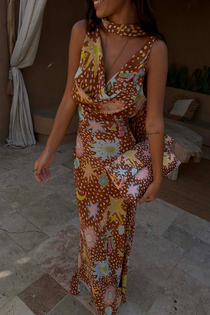 Versatile fawn print maxi house dress for women. Cowl neck, halter, perfect for resort, vacation, or home.