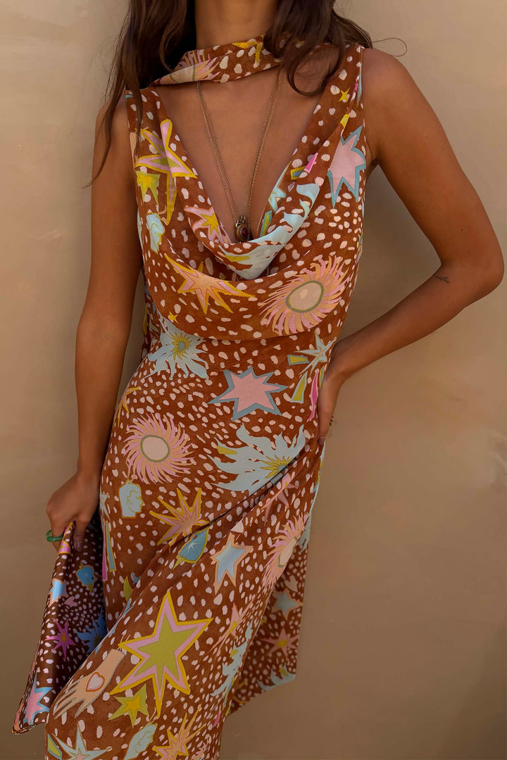 Beautiful fawn print women's maxi dress. Halter style, cowl neck, & low back. Great for occasions & summer.
