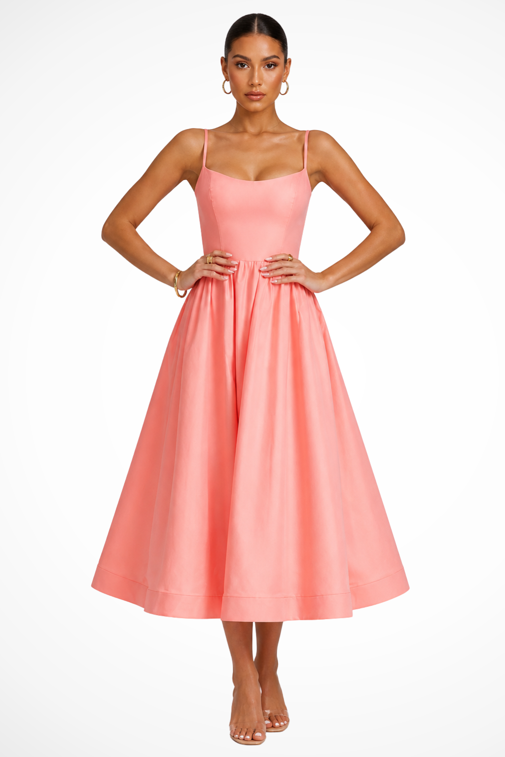 Women's elegant flared square neck cami midi dress, perfect for wedding guests & formal occasions.