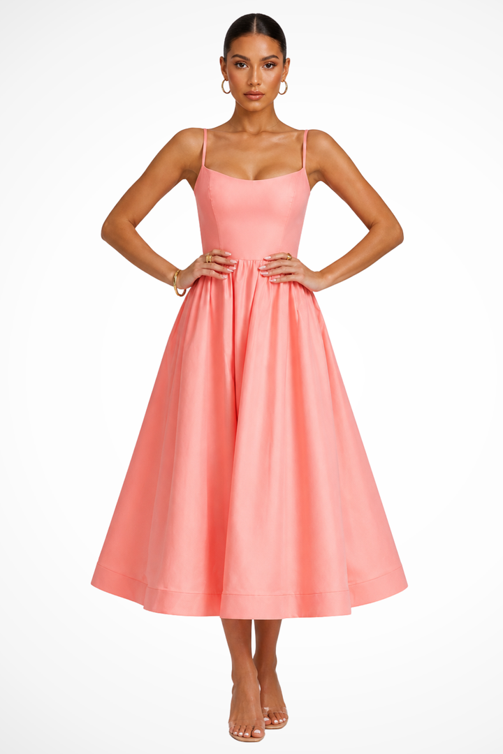 Women's elegant flared square neck cami midi dress, perfect for wedding guests & formal occasions.