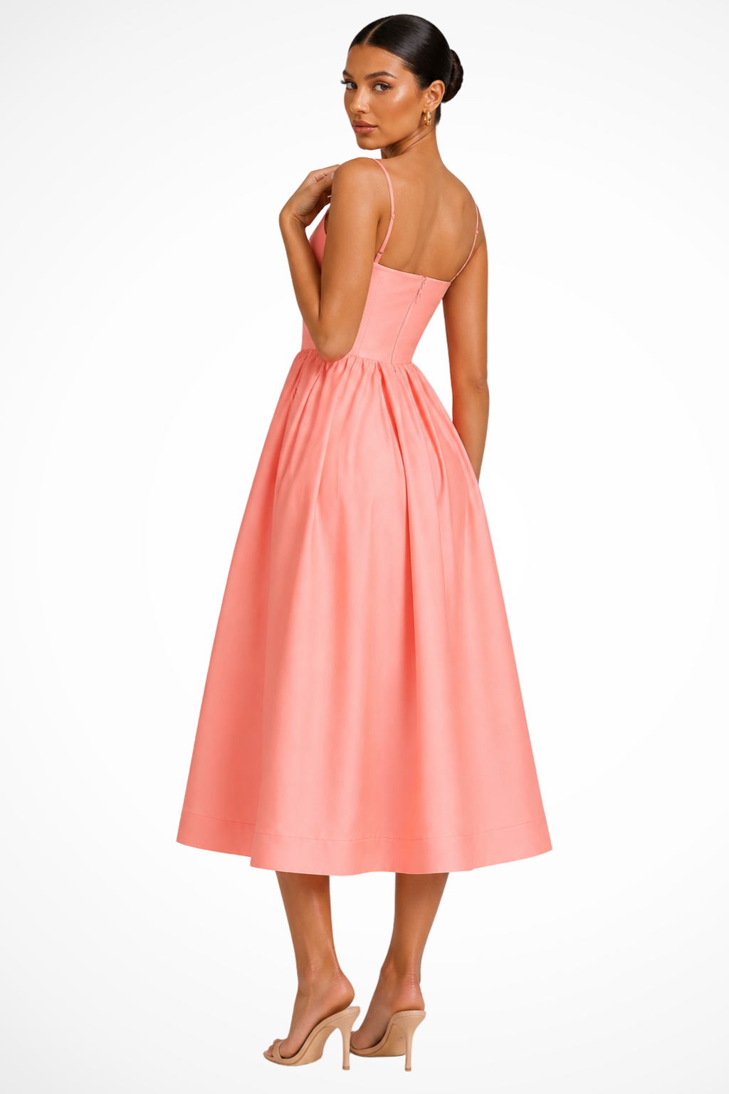 Flared midi dress with square neck & delicate cami straps. Chic formal wear for summer weddings.
