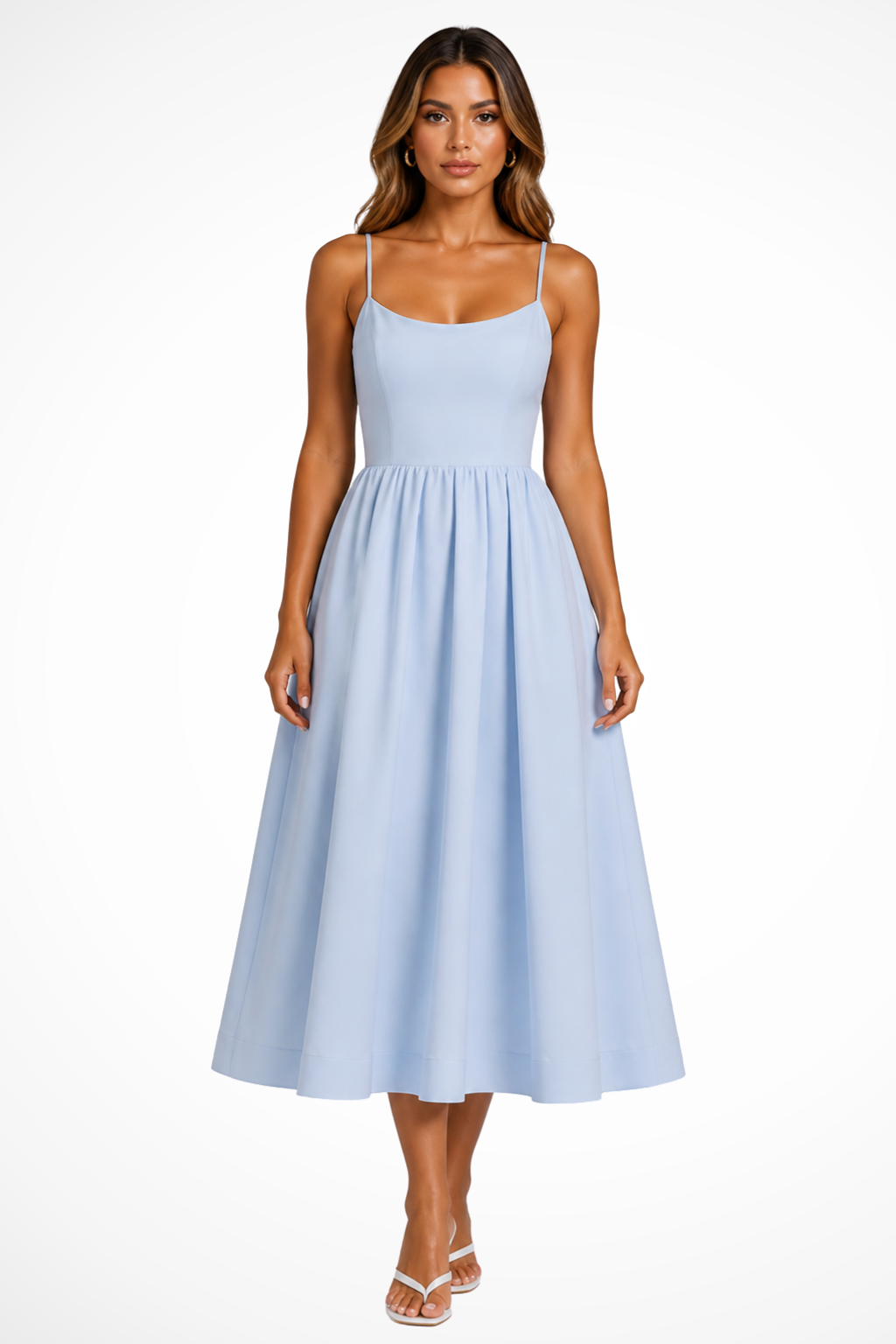 Wedding guest midi dress: elegant square neck, flared hem. Ideal for formal parties & special occasions.