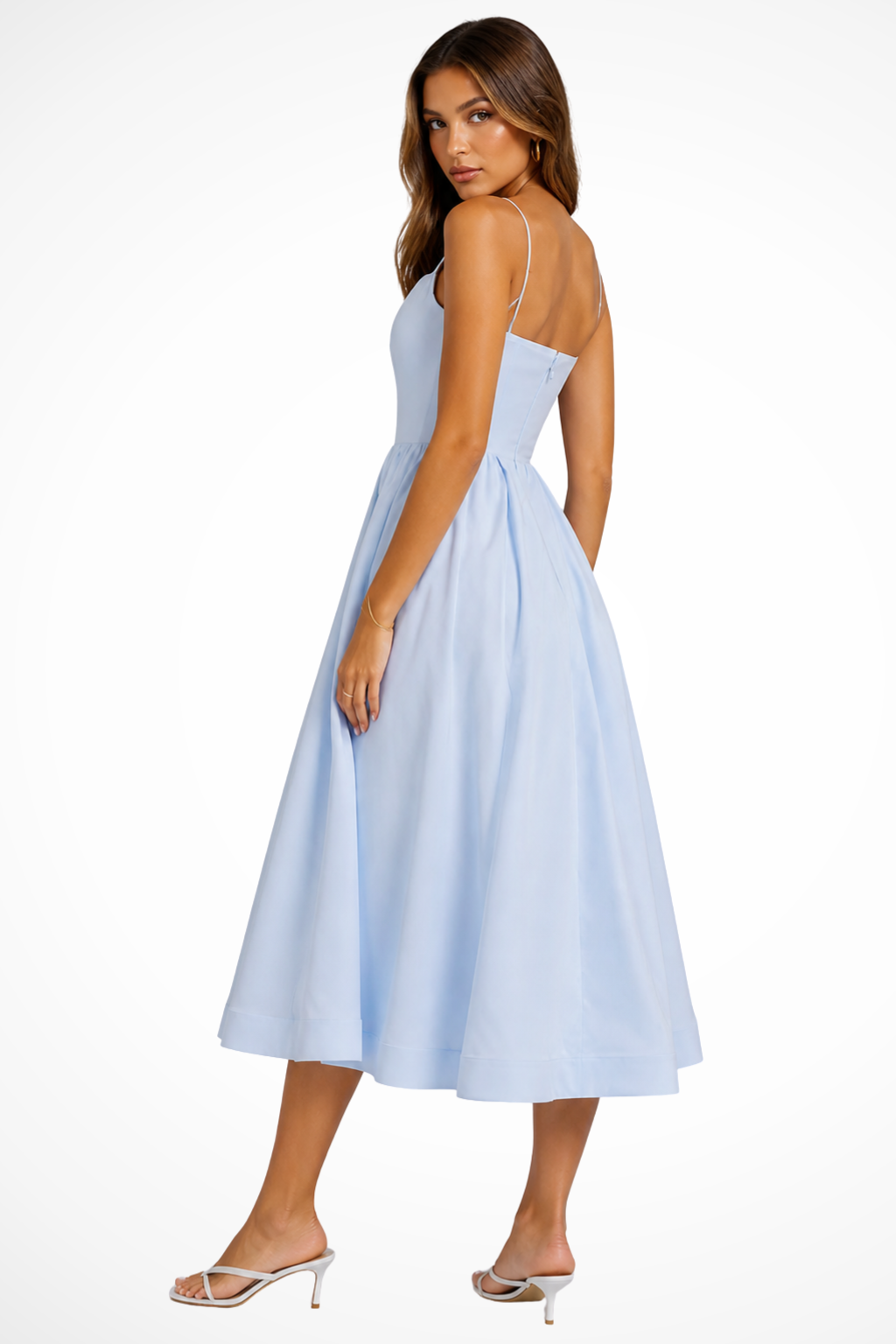 Stylish women's square neck cami midi dress, flattering flared silhouette for wedding guests.