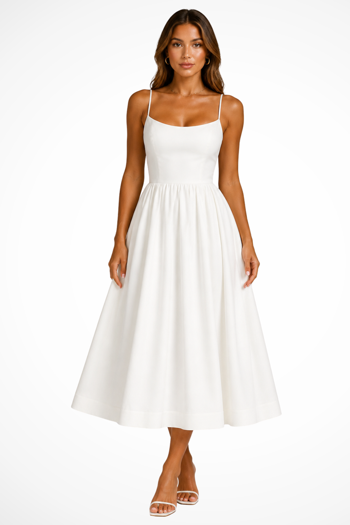 Summer wedding guest dress: graceful flared midi, square neckline, perfect for cocktail parties.