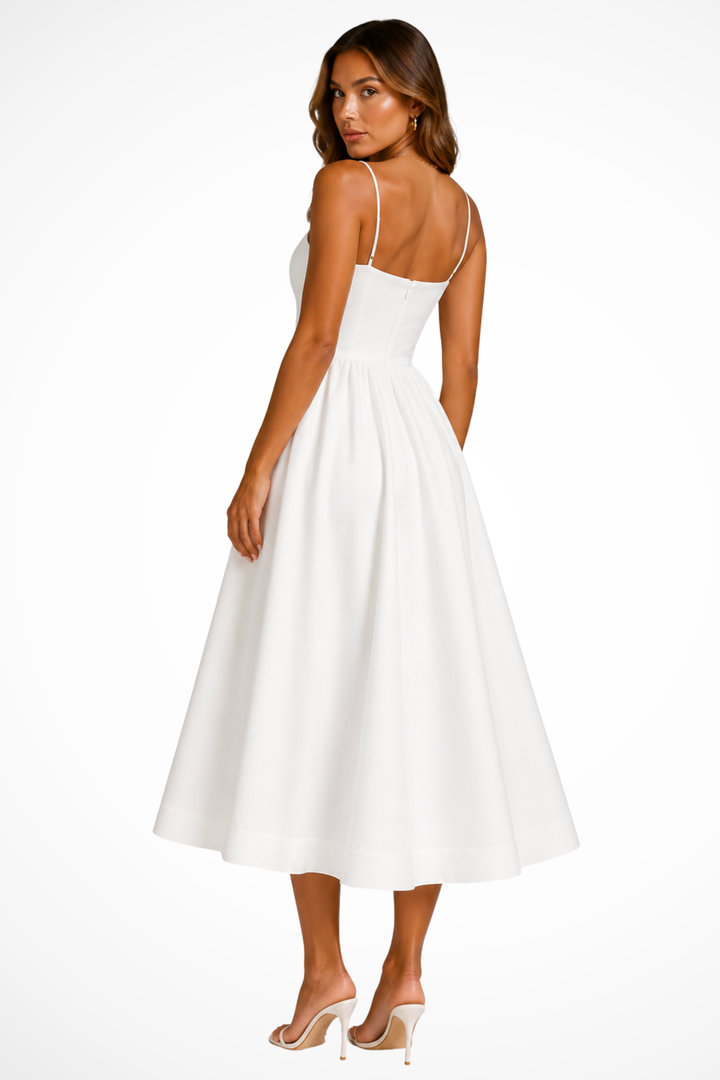Elegant women's flared midi dress with a square neck and cami straps, ideal for formal events.