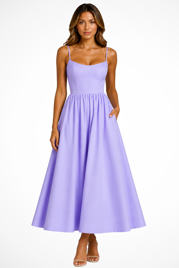 Sophisticated square neck cami midi dress. Flared formal wear, suitable for wedding guests.