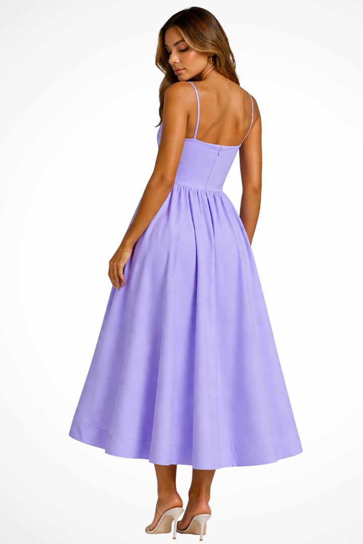 Beautiful women's flared square neck cami midi dress. An elegant choice for wedding guests & parties.
