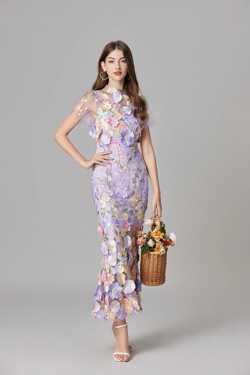 Graceful floral applique sleeveless maxi dress, an elegant statement for parties & events.