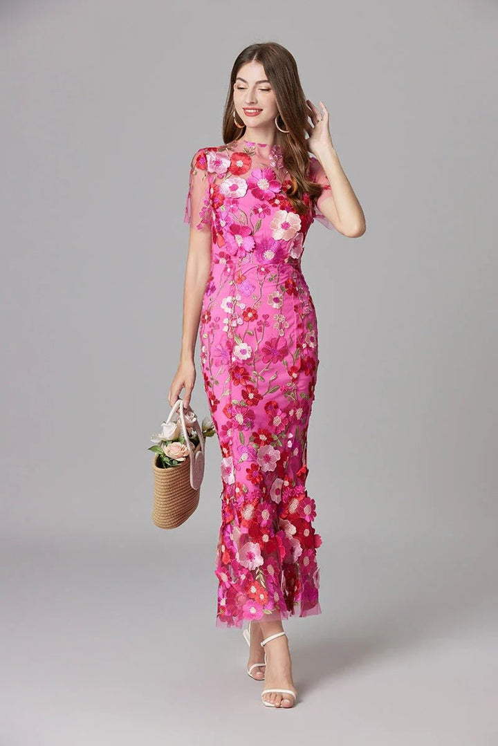 Stunning elegant floral applique sleeveless maxi dress, perfect for any special occasion.