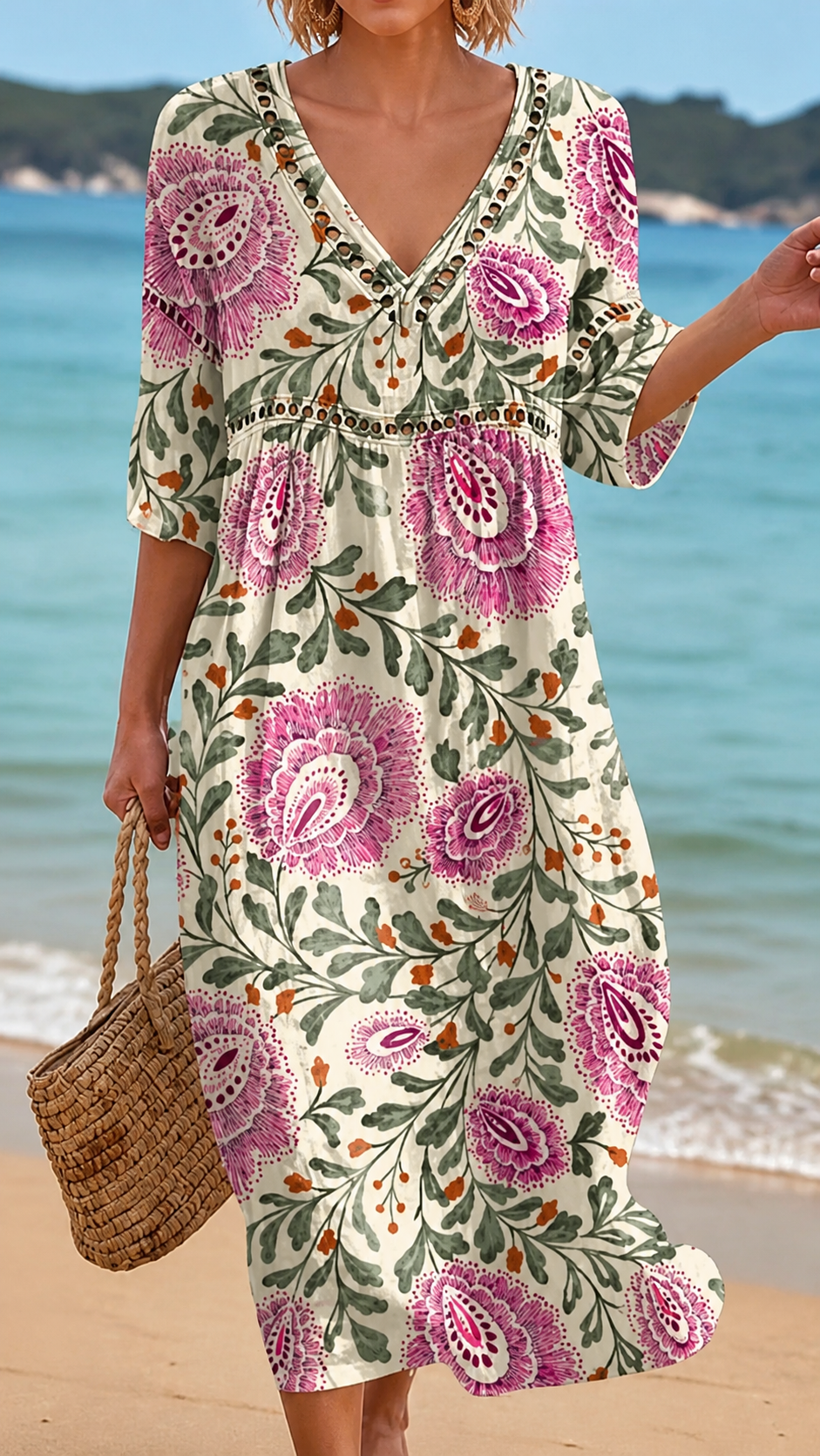 Women's elegant floral beach midi dress, a comfortable & flowy casual summer vacation dress with a vibrant print.