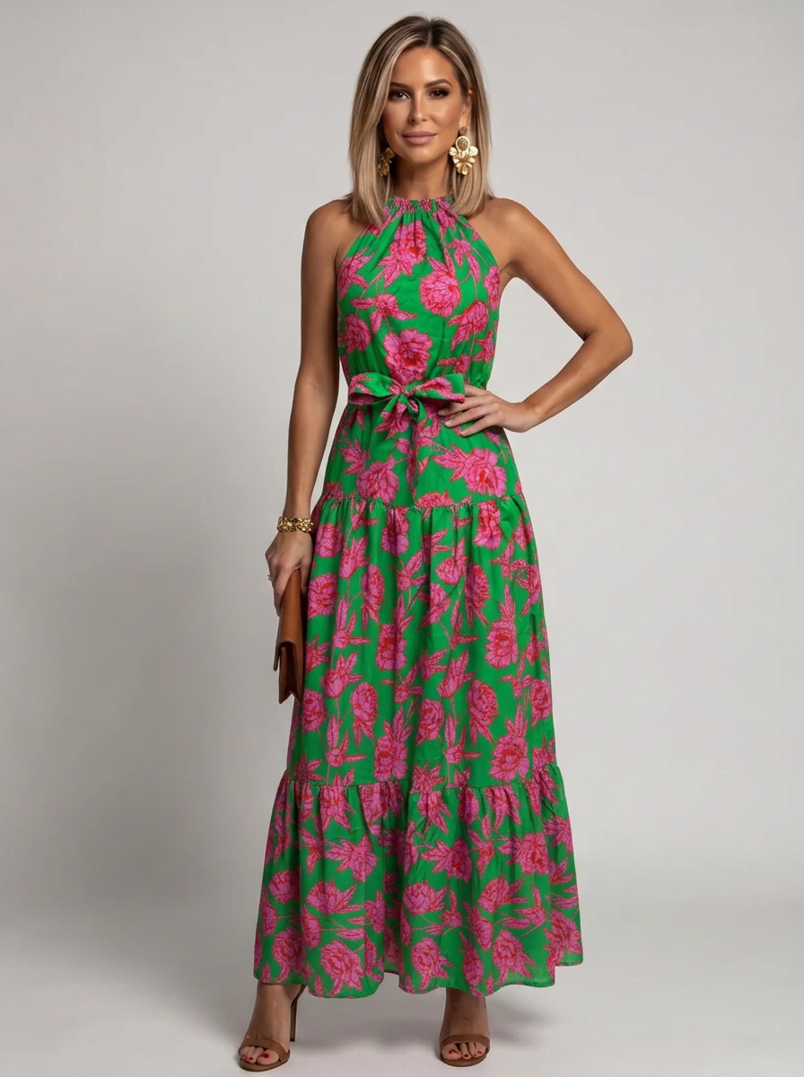 Women's elegant floral draped halter midi dress with a flowing tiered skirt, perfect for summer occasions.