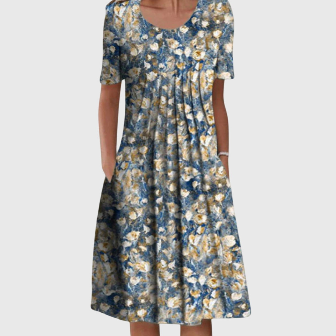 Chic women's elegant floral print dress featuring a round neck, suitable for summer parties & flattering.