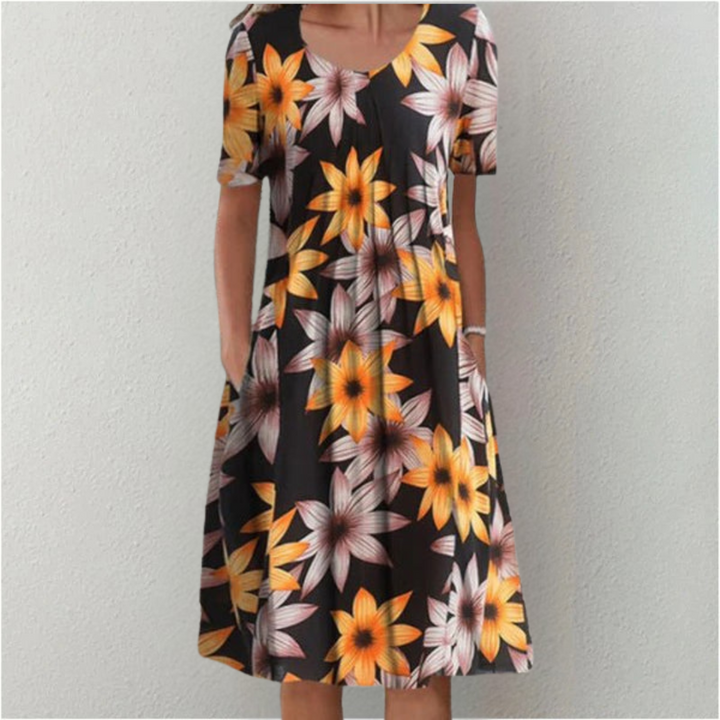 Stylish women's floral dress with pockets, perfect for parties, casual outings, or versatile wear.