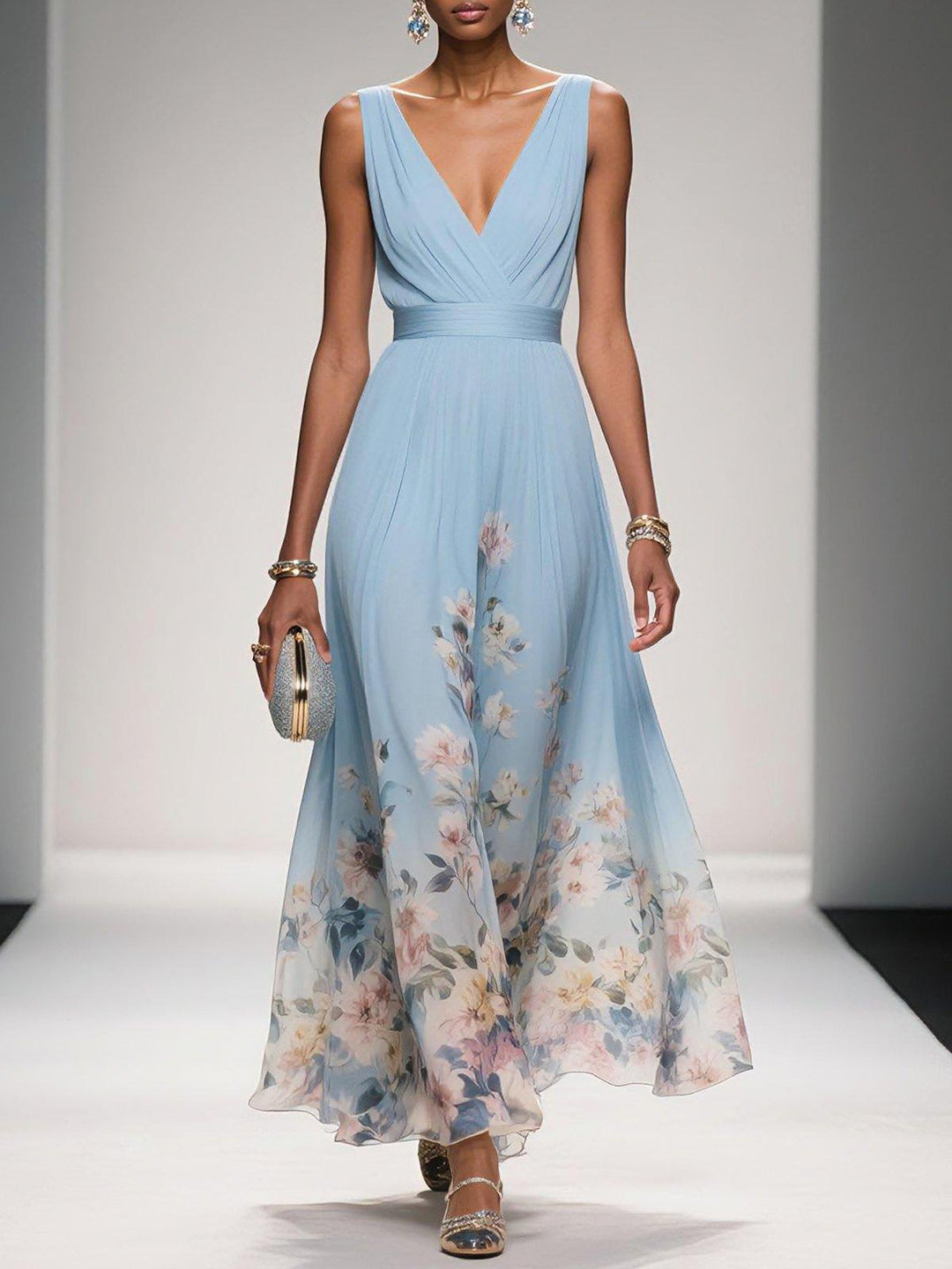 Women's elegant floral drop waist maxi dress, perfect for wedding guests & summer occasions.
