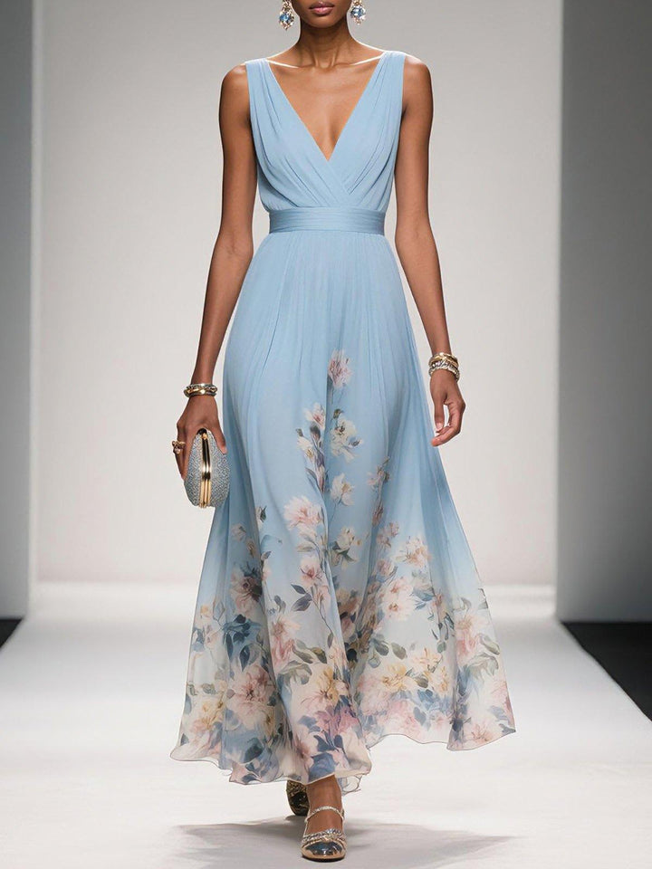Women's elegant floral drop waist maxi dress, perfect for wedding guests & summer occasions.