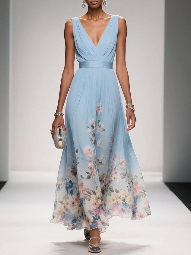 Pristine floral drop waist A-line maxi dress on a hanger, ready for occasion wear.