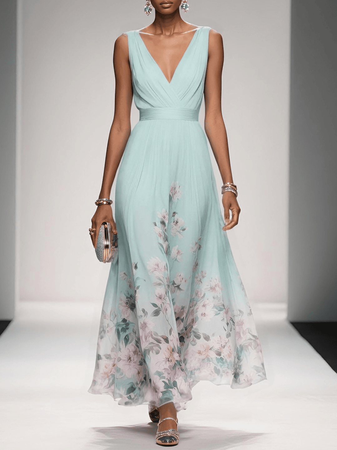 Elegant A-line maxi dress with drop waist, featuring a stunning floral print for formal events.