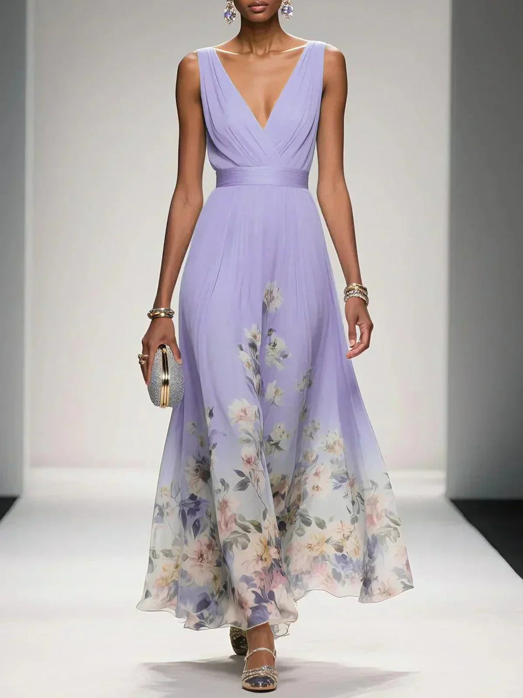 Vibrant floral print on lightweight fabric of a women's drop waist maxi summer dress.