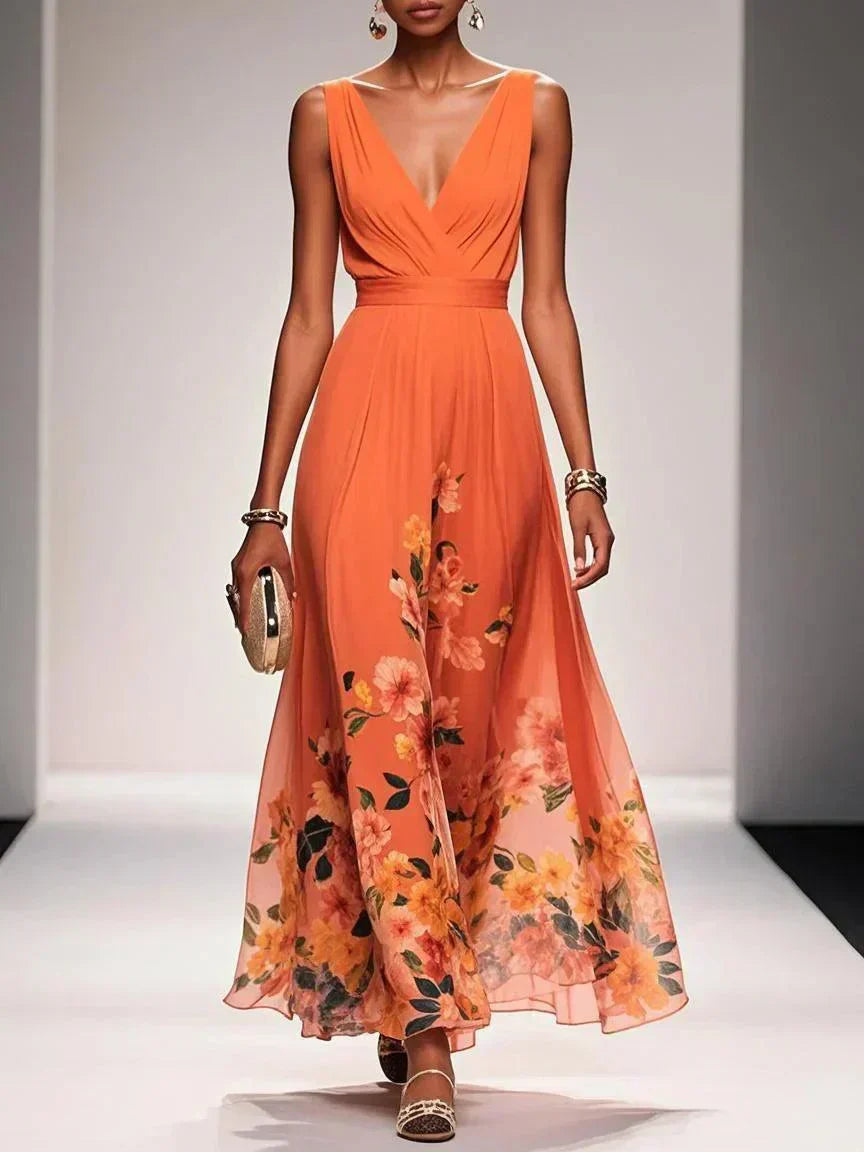 Stylish V-neck bodice of a sleeveless floral maxi dress, suited for elegant evening or party wear.