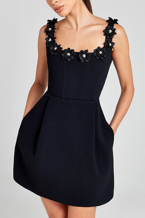 Full-length view of a feminine floral embellished mini dress for women, suitable for parties.