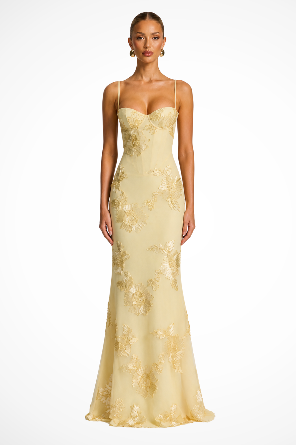 Women's elegant floral embroidered corset cami maxi dress for wedding guests.