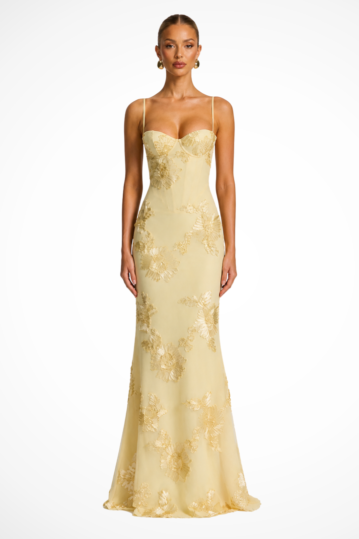 Women's elegant floral embroidered corset cami maxi dress for wedding guests.