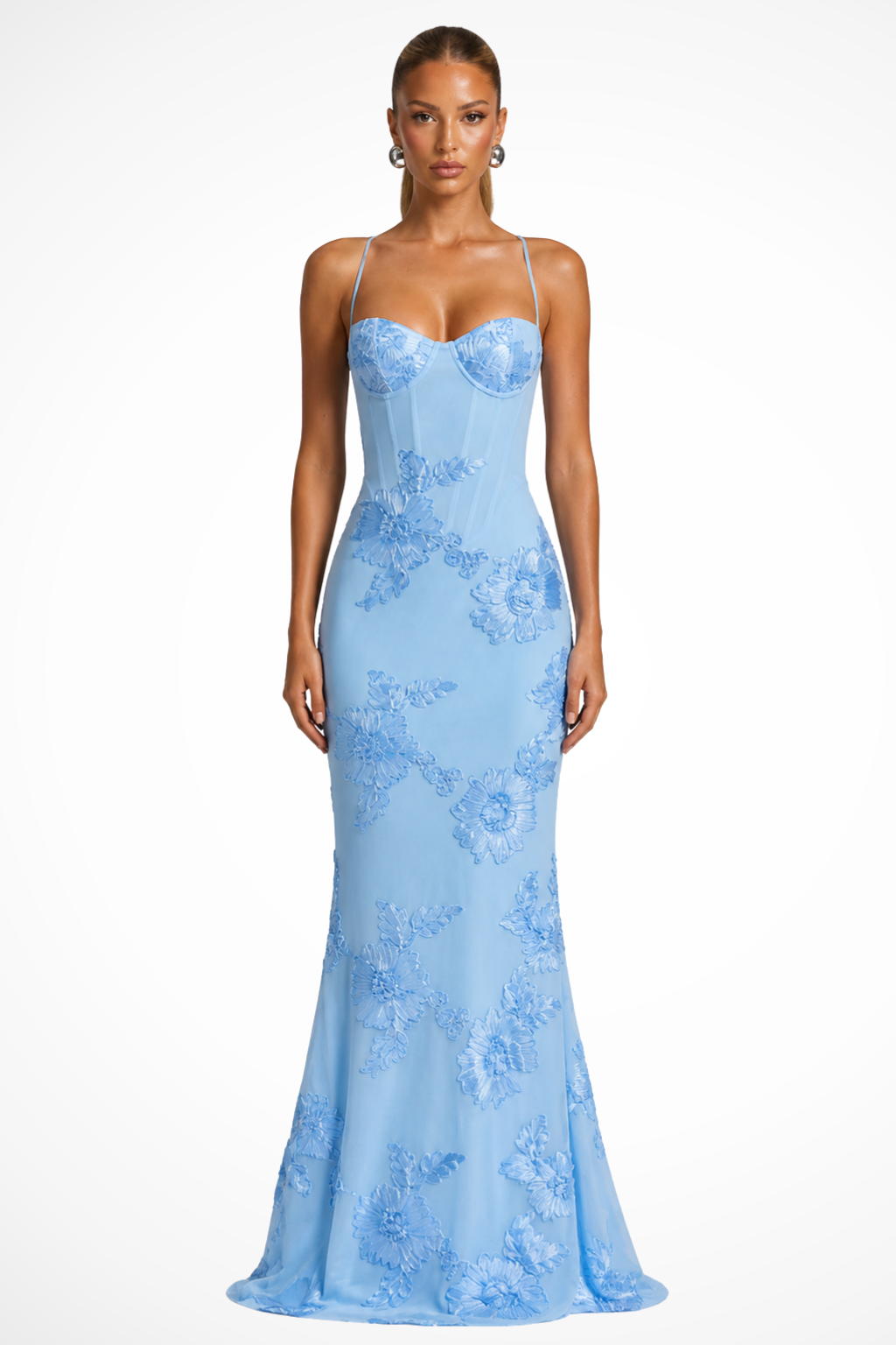 Close-up of the corset cami top of a women's floral embroidered maxi dress.