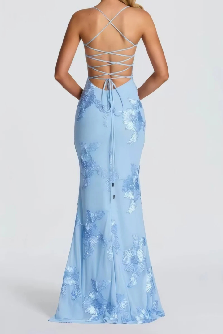 Exquisite floral embroidery detail on women's elegant corset cami maxi dress.