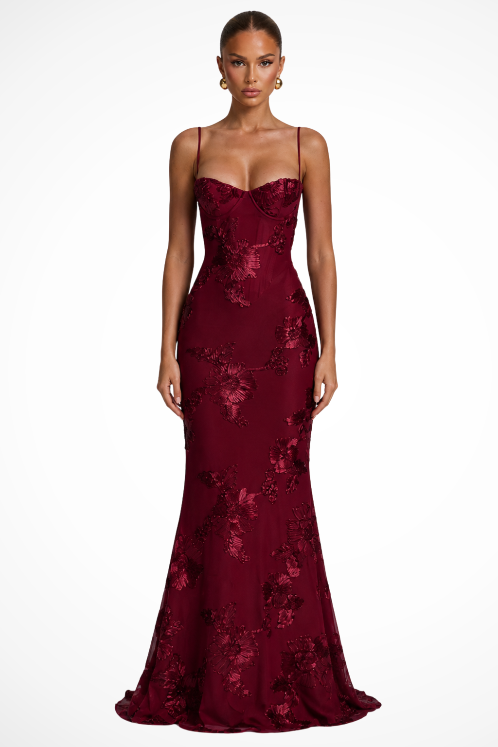 Women's party-ready maxi dress with intricate floral embroidery and comfortable cami style.