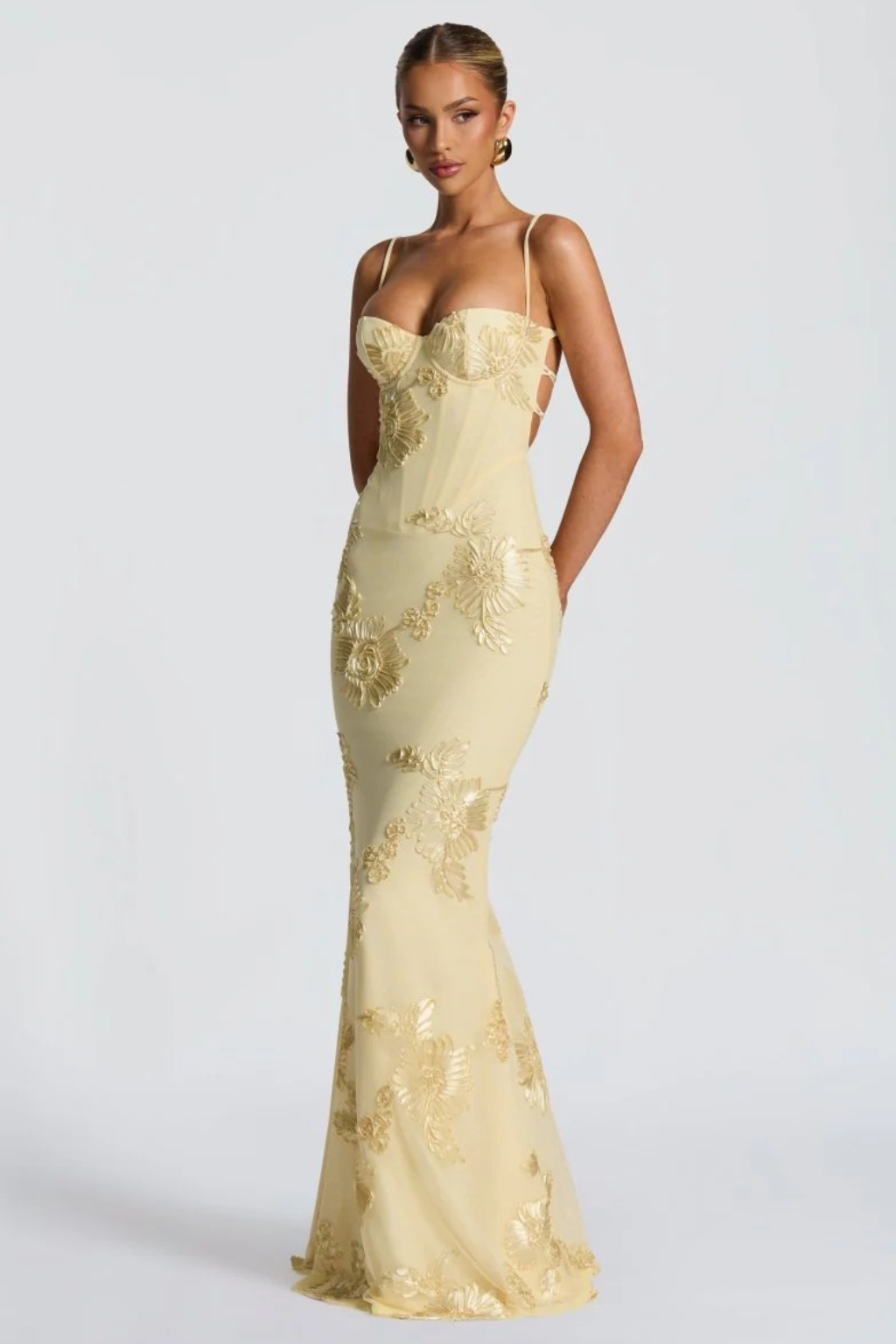 Stunning women's long formal dress with intricate floral embroidery and corset cami top.