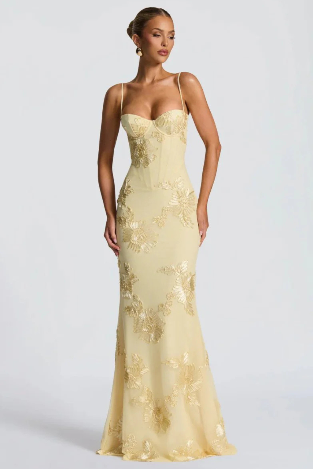 Elegant floral embroidered maxi dress; perfect women's wedding guest or evening party attire.
