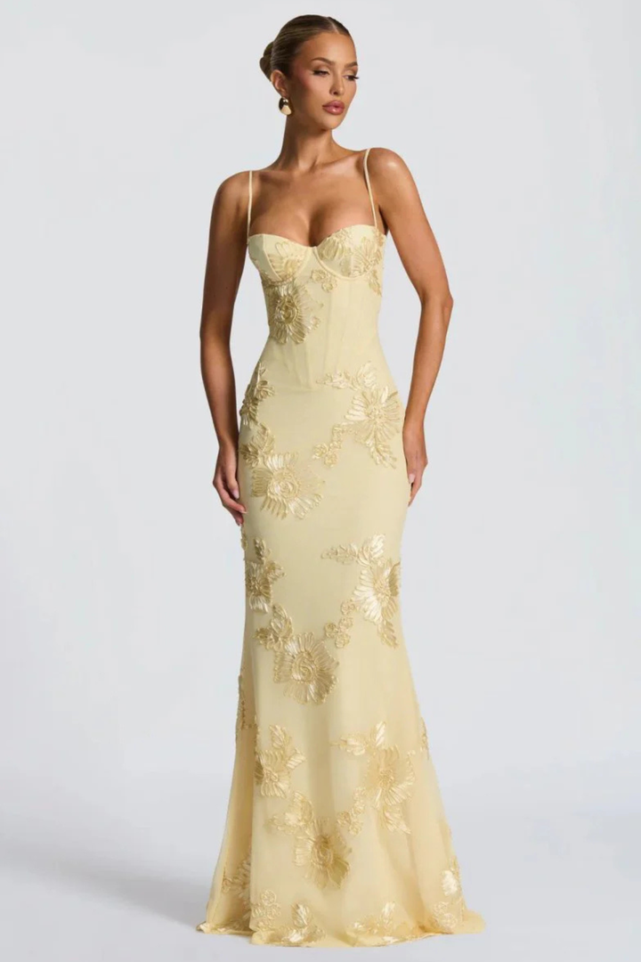 Elegant floral embroidered maxi dress; perfect women's wedding guest or evening party attire.