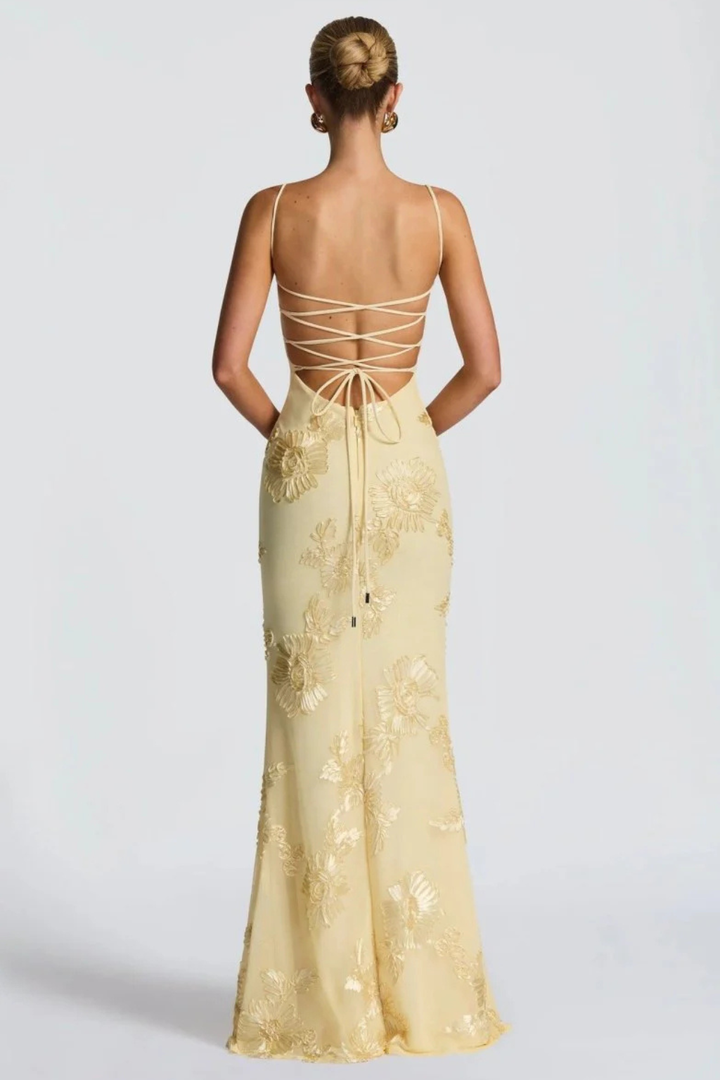 Women's formal cami maxi dress featuring delicate floral embroidery & chic corset detailing.