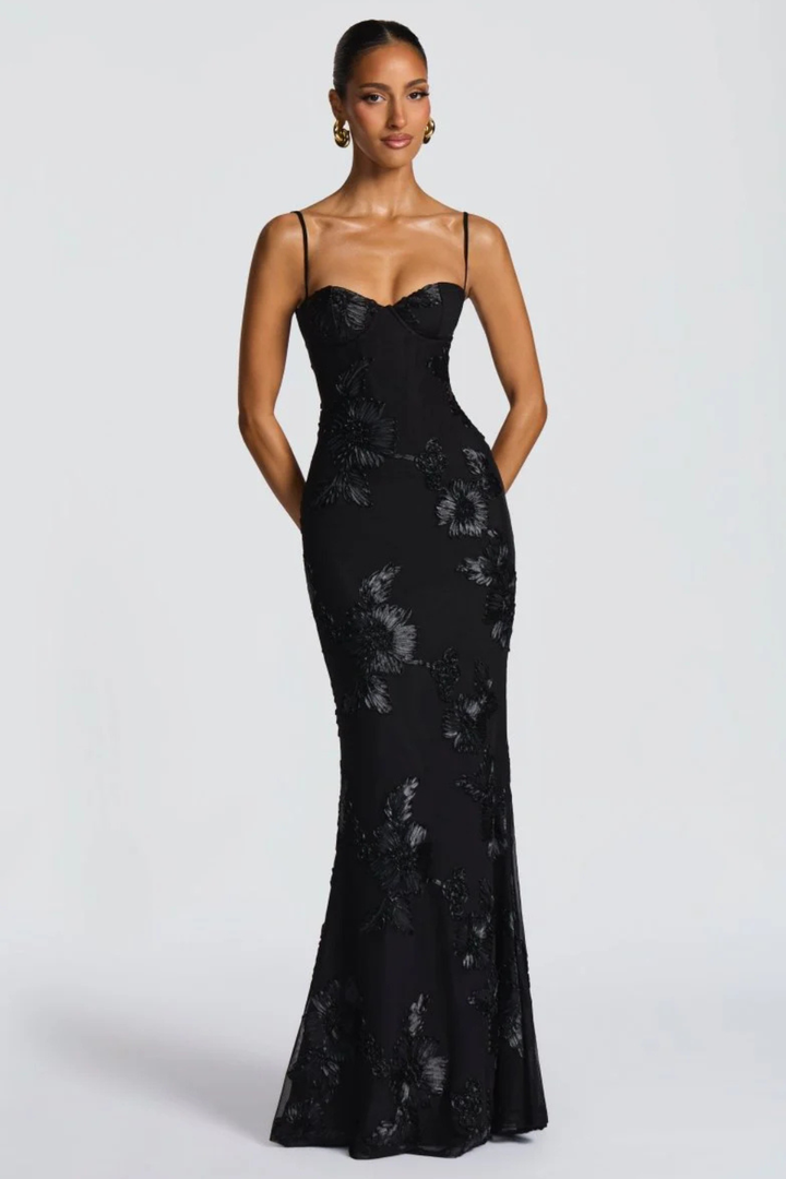 Sophisticated women's floral maxi dress with cami straps & corset-style bodice.